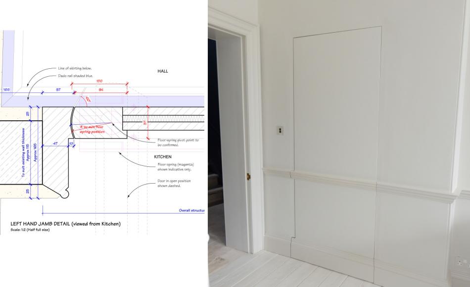 Detailing of flush jib door with dado and skirting mouldings