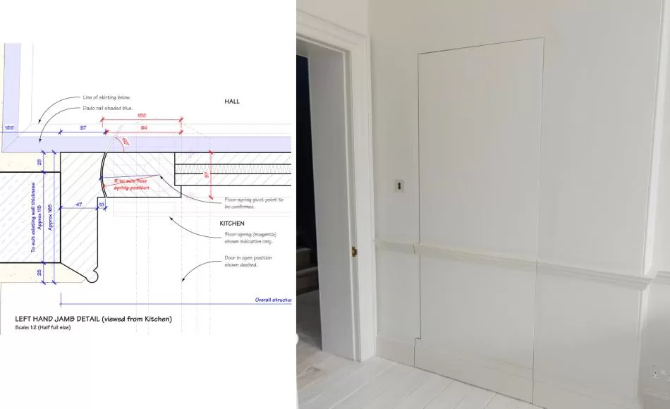 Detailing of flush jib door with dado and skirting mouldings