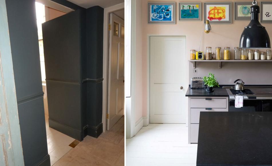 Concealed hinges and careful detailing to make service door as invisible as possible on formal hall side