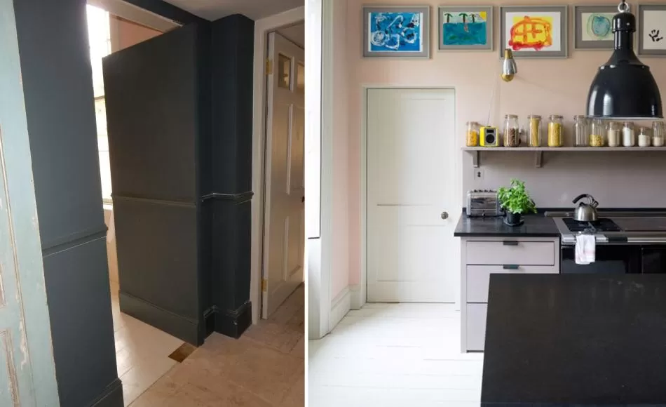 Concealed hinges and careful detailing to make service door as invisible as possible on formal hall side