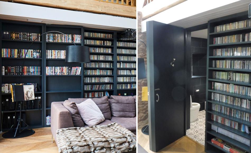 Contemporary design and finish to conceal door to cloakroom within bookcase