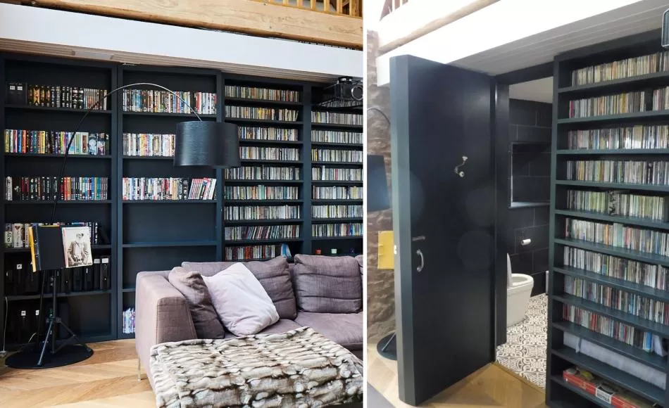 Contemporary design and finish to conceal door to cloakroom within bookcase