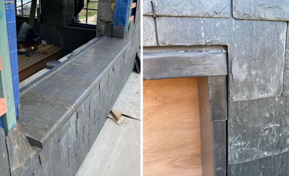 Lead detailing complements the slate