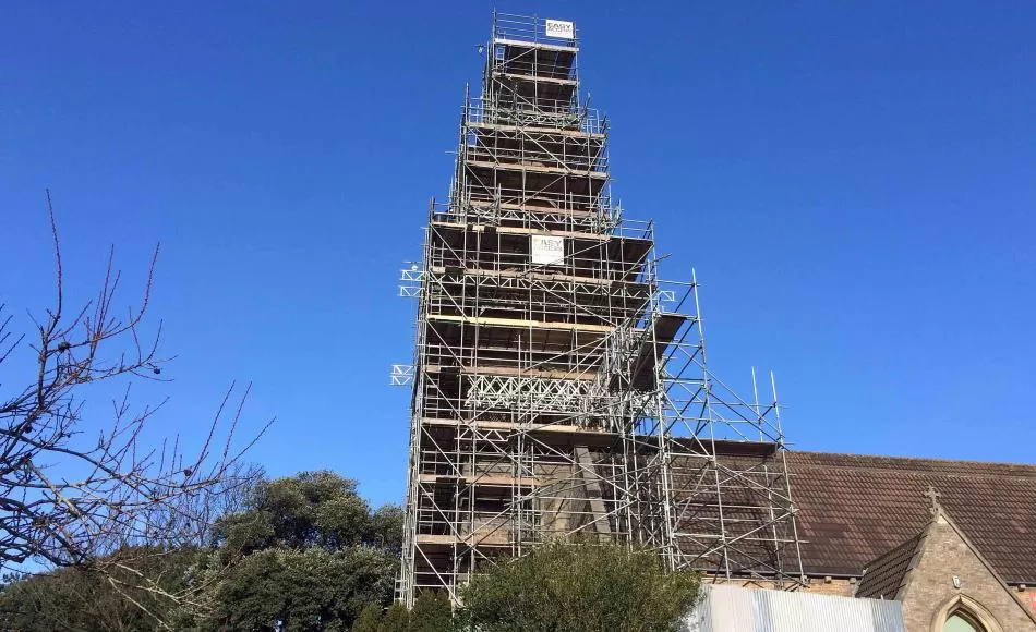 Christ church spire shrouded in scaffolding