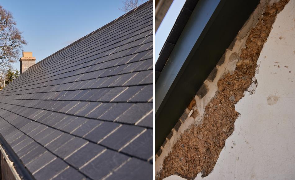 The slate roof of the extension matches the existing farmhouse and the whole house will be rendered to draw to the two halves of the house together