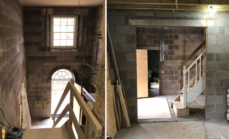 The vertical space of the grand entrance hall contrasts with the open plan horizontal spaces of the rest of the house