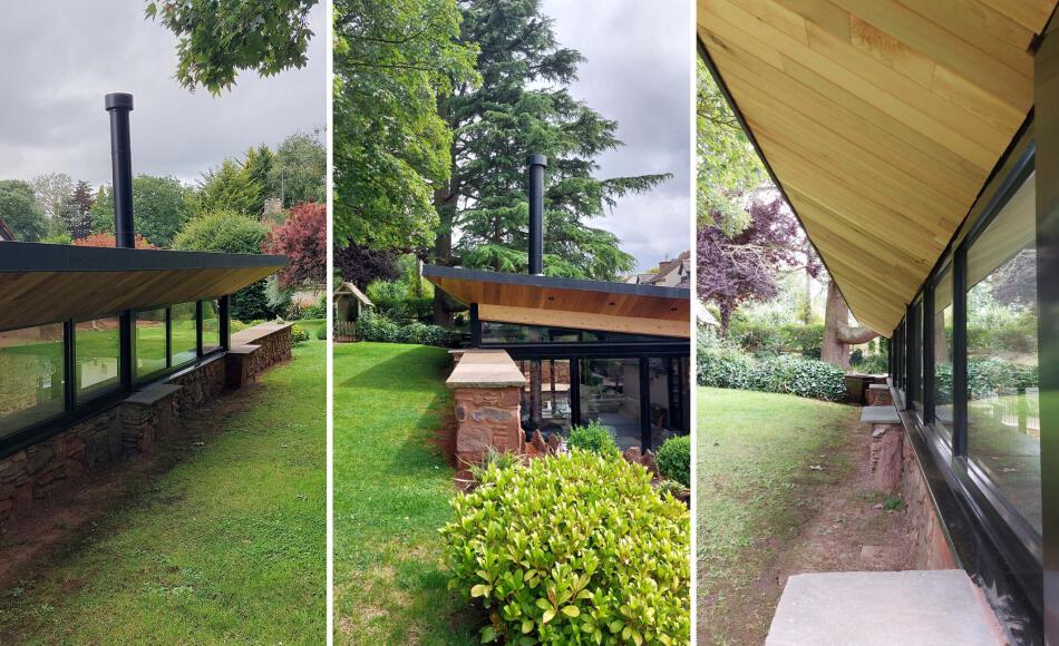 Careful selection of roofing materials, flue, fenestration and timber cladding to sit within the landscape and garden context