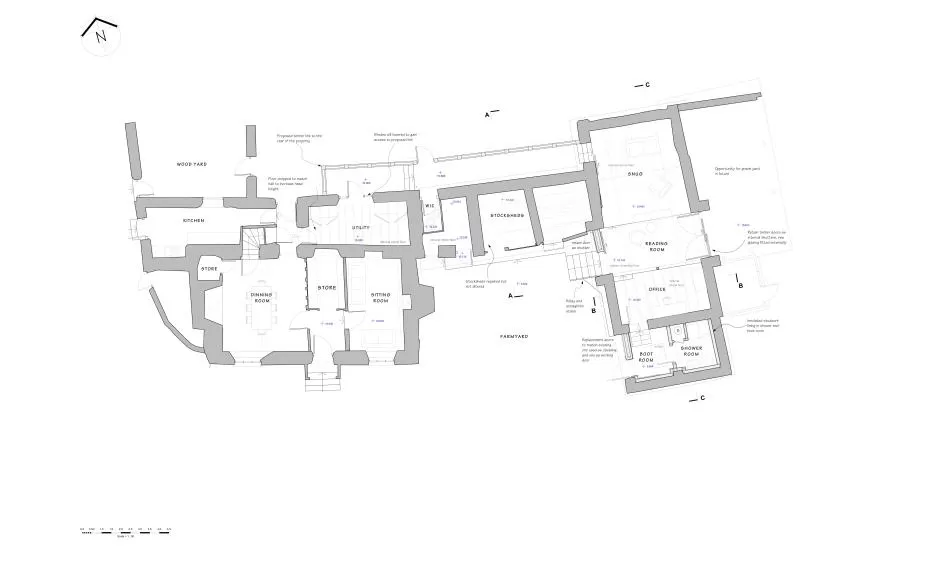 The approved plans see the principal rooms in the farmhouse, with ancillary accommodation in the threshing barn