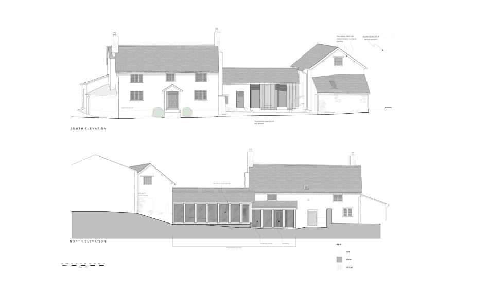 Proposed elevations show the relationship between the grade II listed farmhouse, nineteenth century stocksheds, new link and the converted threshing barn