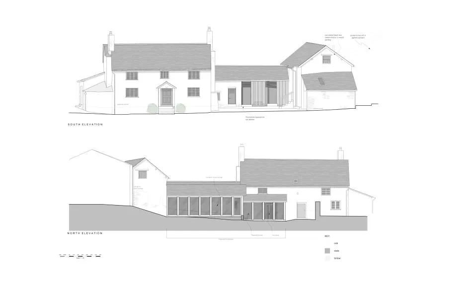 Proposed elevations show the relationship between the grade II listed farmhouse, nineteenth century stocksheds, new link and the converted threshing barn