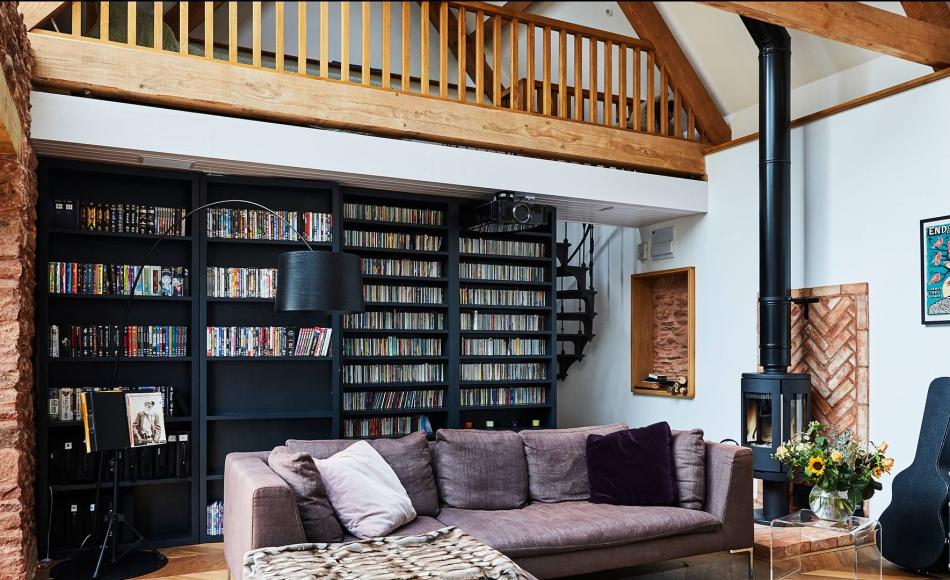 Bookcase below mezzanine.