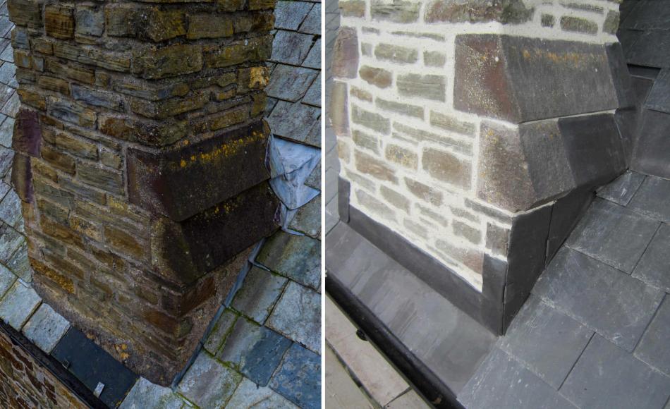 Chimney repointing in lime mortar and new and improved lead abutment flashings to new slate