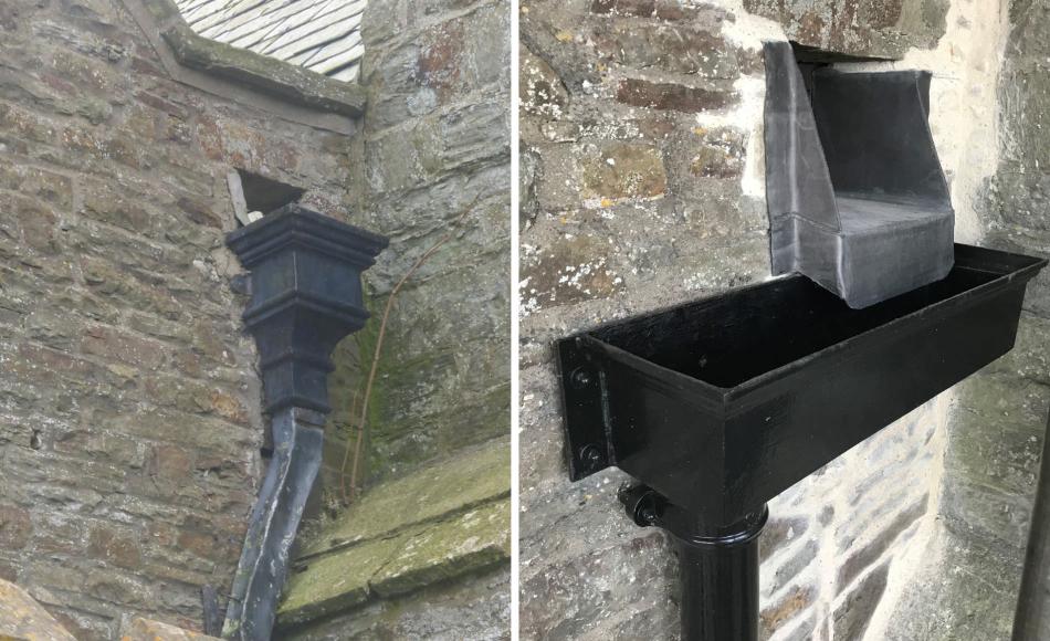 Defective and undersized rainwater hopper from central gutter enlarged and improved