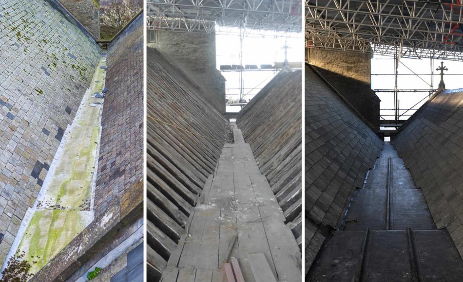 Replacement of central stepped lead gutter with improved detailing. New slate to roofs