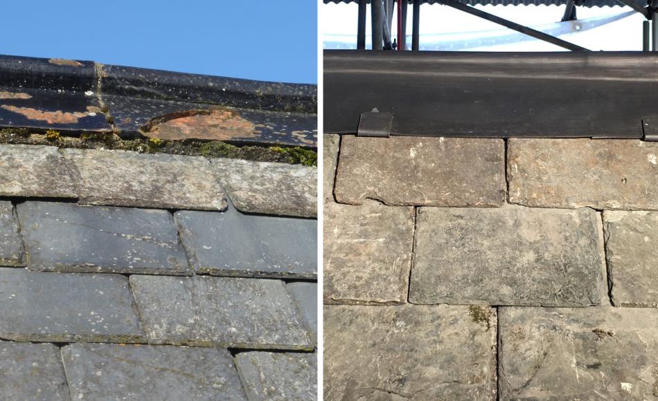 Eroded glazed roll top ridge tiles replaced with new lead roll top ridges due to Covid-19 supply issues. Salvaged slates reused