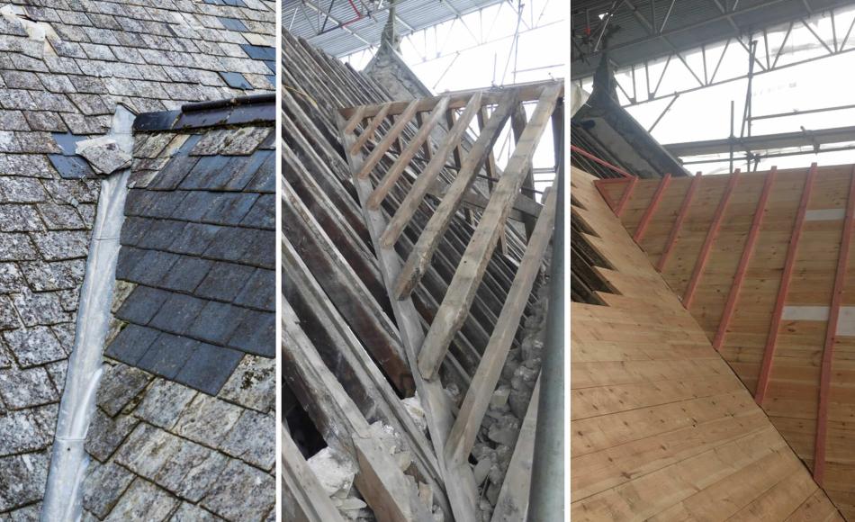 Re-slating and new valley junction to Aisle and Transept with sarking boards as internal ceiling finish