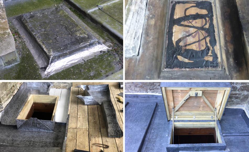 Existing sealed and leaking access hatch replaced with new lead cloaked hatch with gas struts