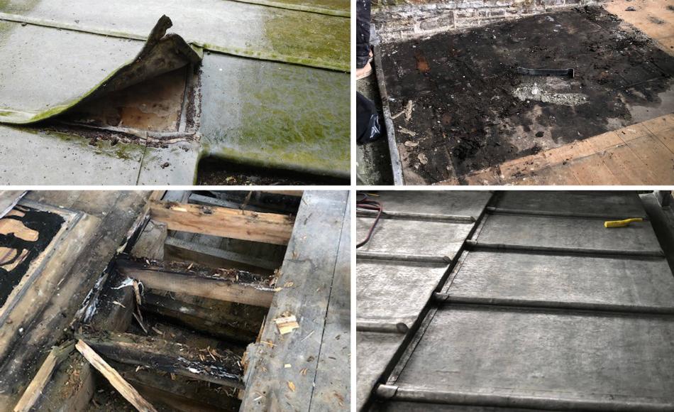 Poorly detailed lead joints causing water penetration and timber decay replaced with new mop stick bays