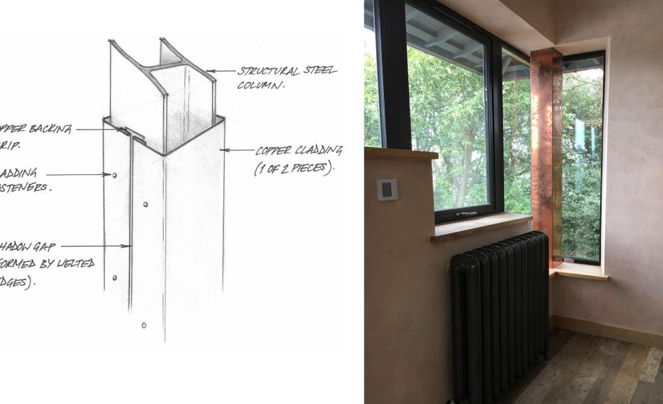 Internal copper cladding creates a feature out of a structural column