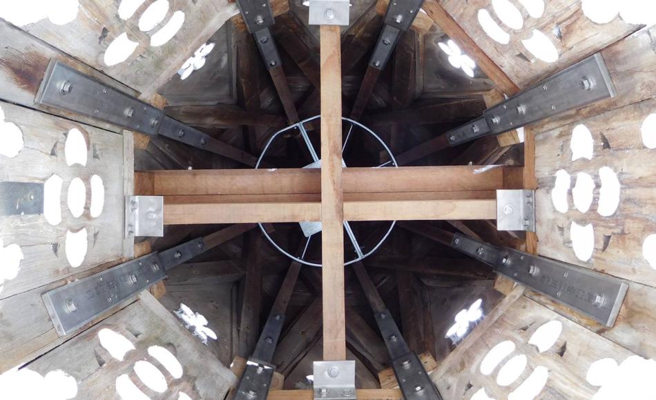 After repair: decayed timber repaired and corroded fixings replaced with new stainless steel straps and bracing. 