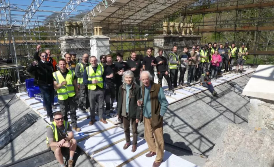 Topping out – celebrating completion of the works to the roof, with Sir Hugh and Lady Stucley and the rest of the team