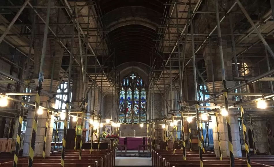 Internal scaffold and temporary lighting for new LED lighting installation