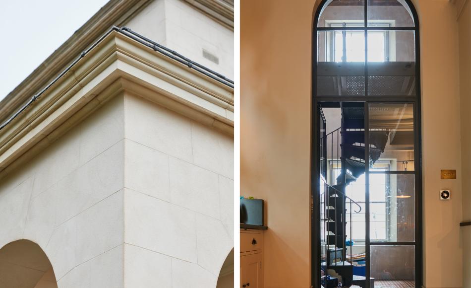 This industrial style mezzanine larder is housed inside a traditional extension to the Grade II listed Regency property