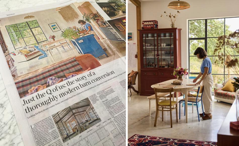 The bespoke steel-framed windows were essential to create flow between the interior and exterior, and beautiful furniture created by local designer Trew and Bold complements reclaimed and inherited items