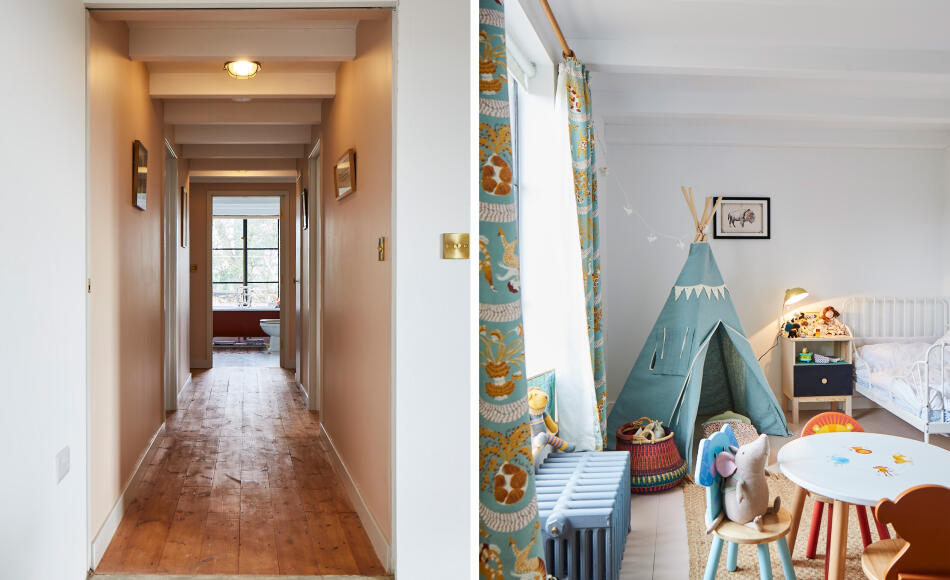 The lofty open spaces of the main living area contrast with the more intimate bedroom areas