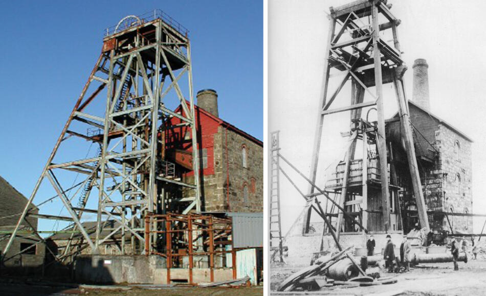The steel head frame prior to restoration. The steel frame replaced the original wooden frame, on the right.