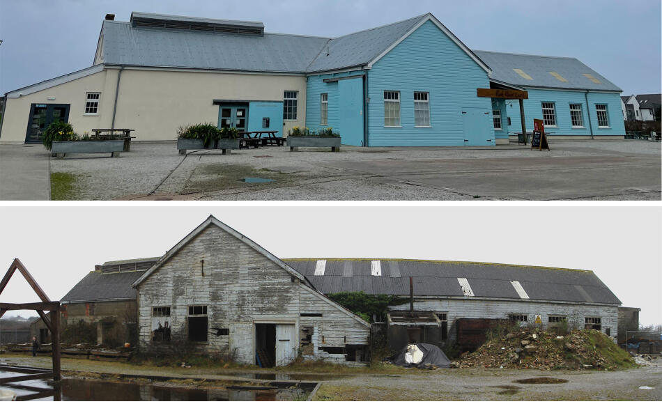 Top: the carpenter’s workshop is now home to a café, and below: prior to the regeneration work.
