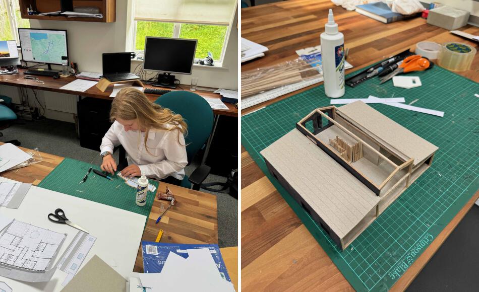 Gabriele working on her model of the winged barn