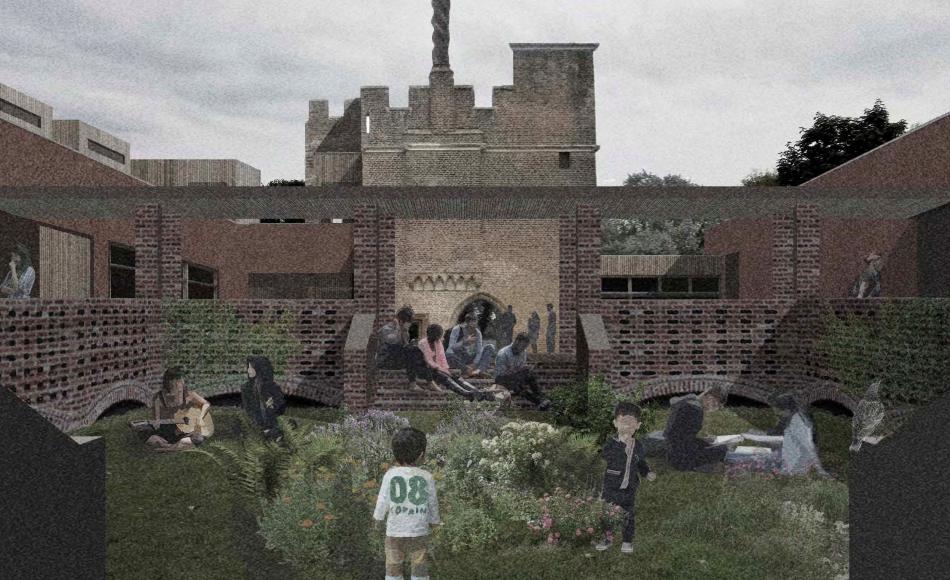 A walled garden surrounded by raised walkways by Andy Hedger