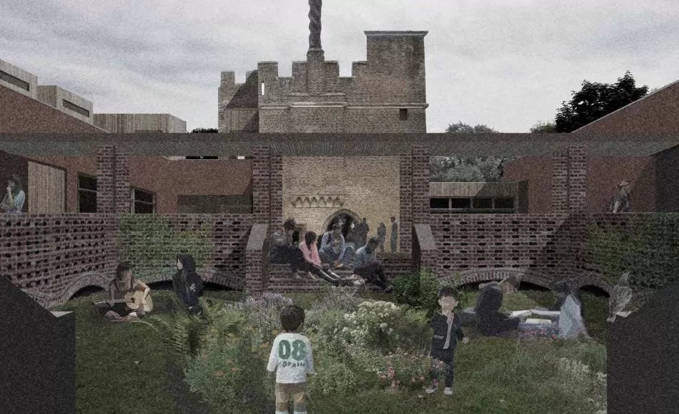 A walled garden surrounded by raised walkways by Andy Hedger