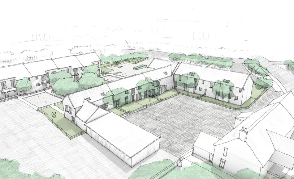 The existing relationship of the buildings to each other and the farmhouse is maintained by incorporating two courtyards