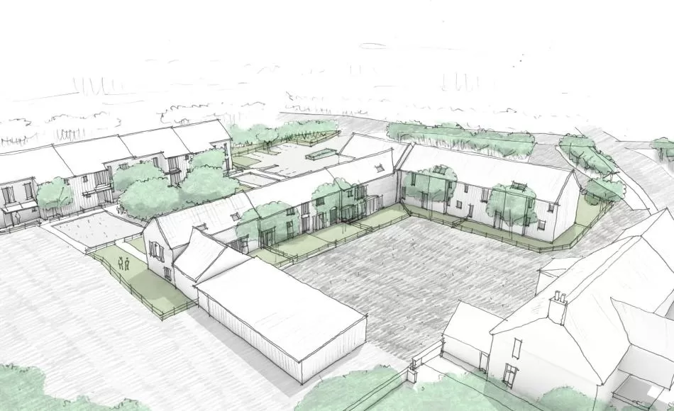 The existing relationship of the buildings to each other and the farmhouse is maintained by incorporating two courtyards