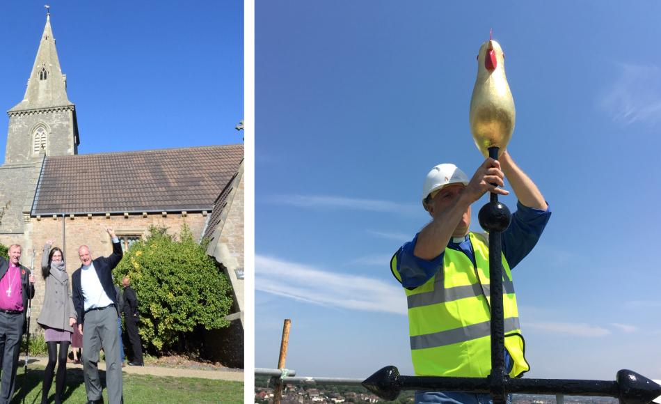 The Rt Rev Peter Hancock, Bishop of Bath and Wells and Reverend Webber outside Christ Church following the celebration service. Reverend Webber had blessed the newly gilded cockerel after it was returned to its position at the top of the spire. 