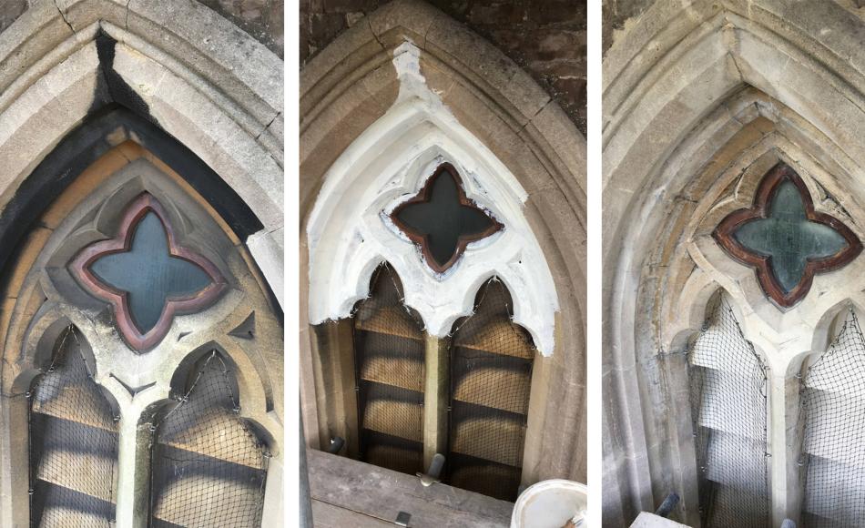 Before, during and after cleaning of pollution staining on the sandstone