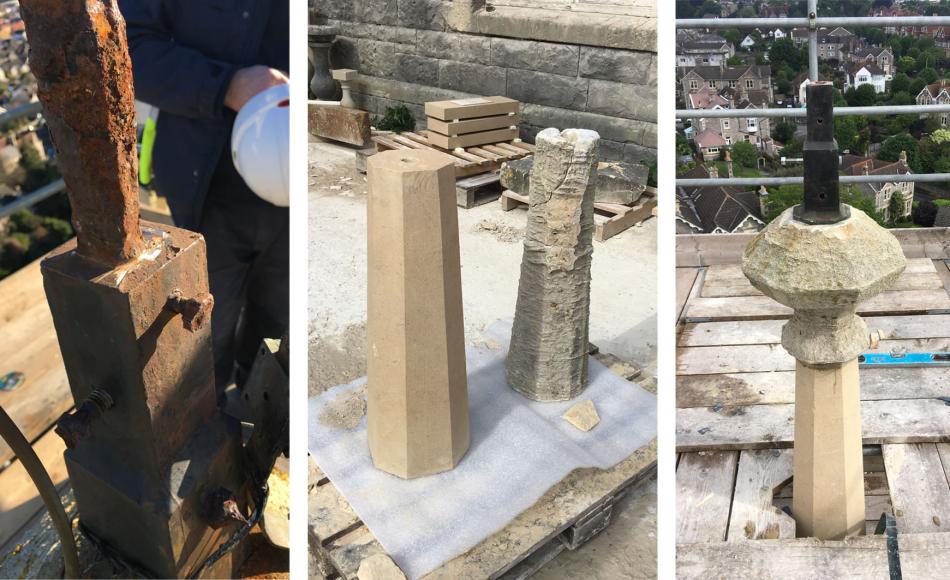Renewal of rusted metalwork and replacement of sections of weathered stone on the spire