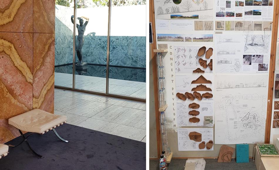 Detail from the Barcelona Pavilion and plans for enclosure at Dartmoor Zoo