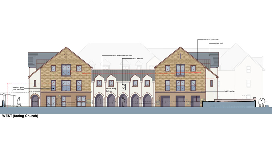 West elevation facing church