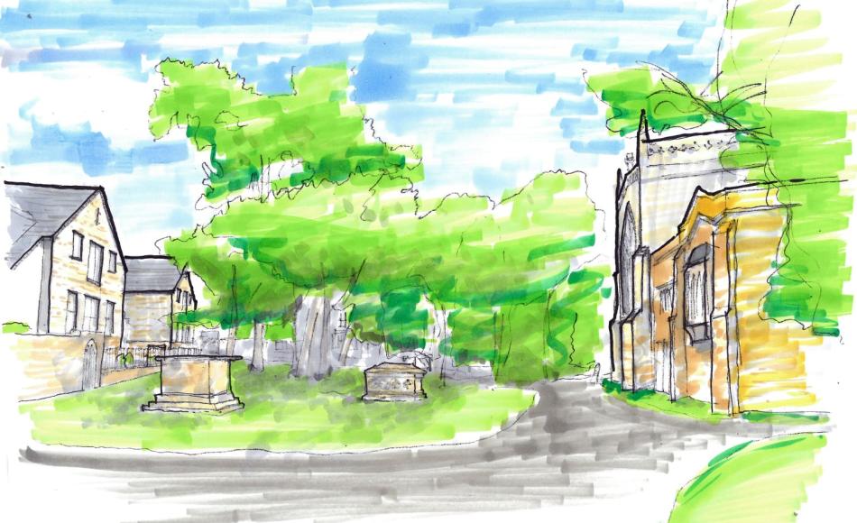 View of east end of church and churchyard from the vicarage with the almshouse to the left