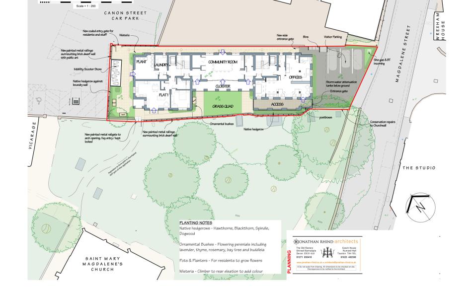 Site plan showing the new proposed almshouse in context