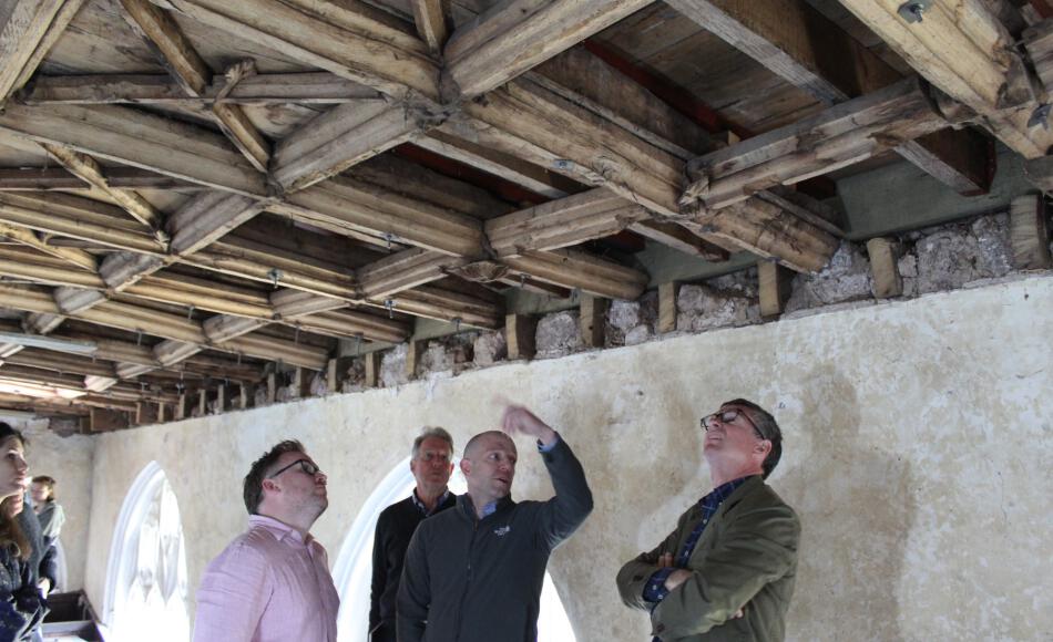 CPD session at Silverton Church examining late medieval decorative oak structure revealed during conservation works