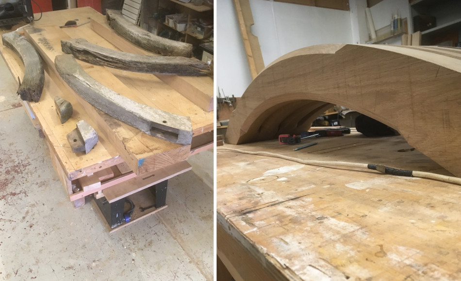 The curved braces being repaired and new braces carved. Image courtesy Jonathan Jackson, Belstone Joinery Ltd