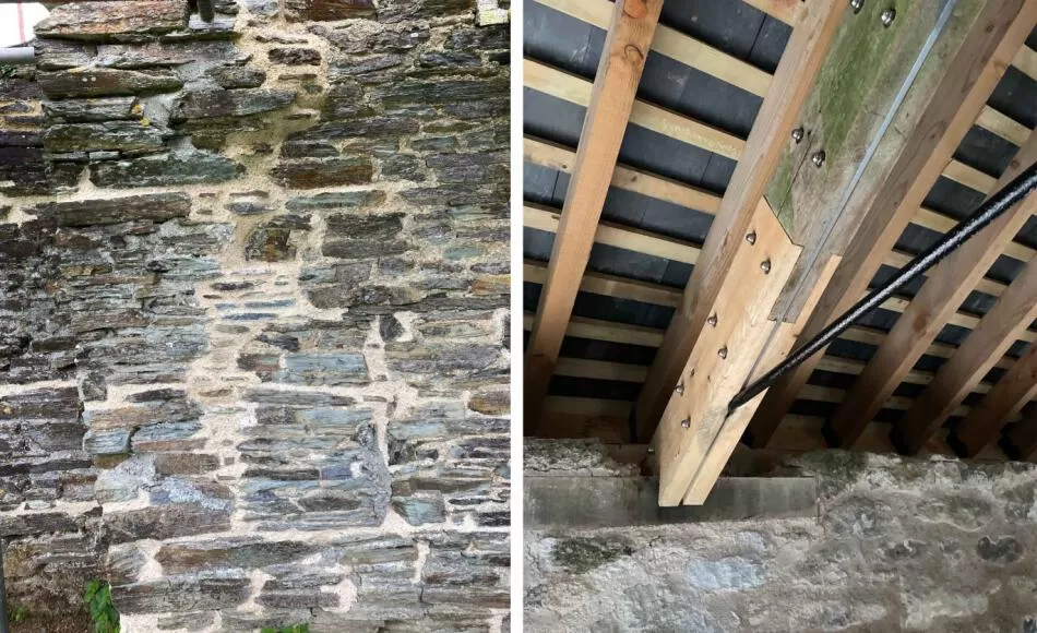 Repairs included lime pointing and flitch plate truss leg repairs