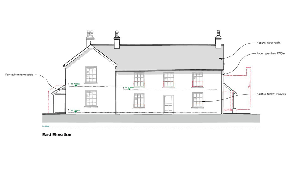 Proposed front elevation – original front elevation kept and remodelled with sliding sash windows