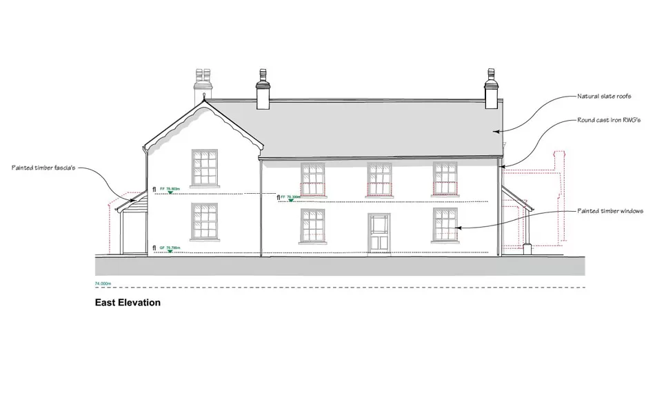 Proposed front elevation – original front elevation kept and remodelled with sliding sash windows