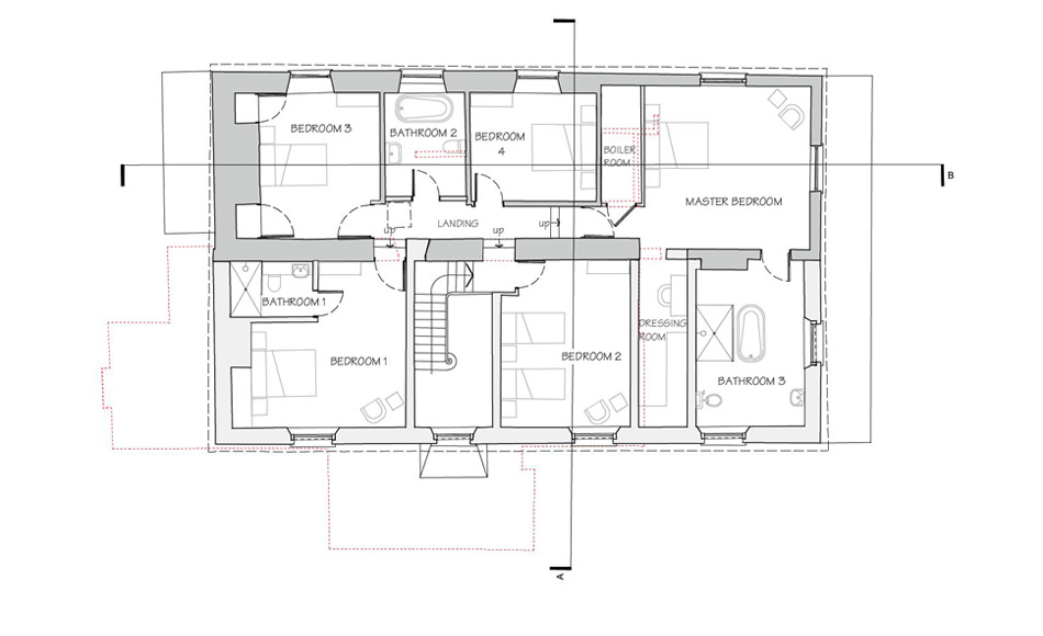 Proposed first floor plan – ensuite bathrooms, new double bedrooms, double height hall
