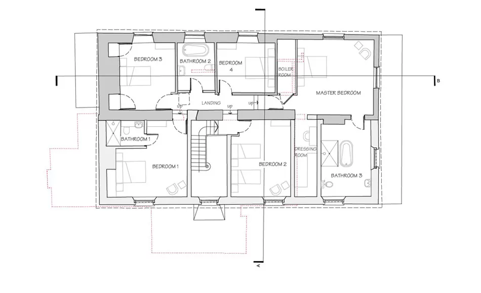 Proposed first floor plan – ensuite bathrooms, new double bedrooms, double height hall